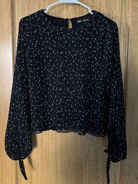 Zara | Black & White Polka Dot Pleated Blouse | Extra Large XL